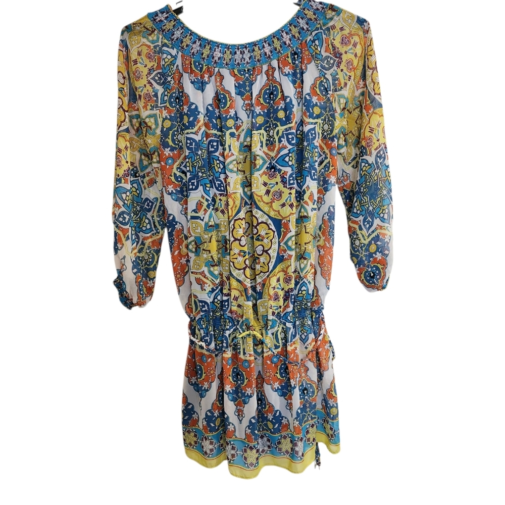 Nicole By Nicole Miller Women's Size XL  Mini Dress Boho Print Drop Waist Sheer - Picture 2 of 13